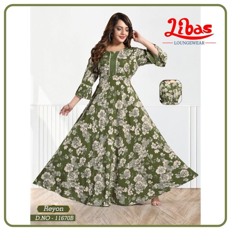 Saratoga Green Premium Rayon Anarkali Gown With Floral Print All Over From Libas Loungewear - AN066 Saratoga Green Premium Rayon Anarkali Gown With Floral Print All Over From Libas Loungewear - AN066