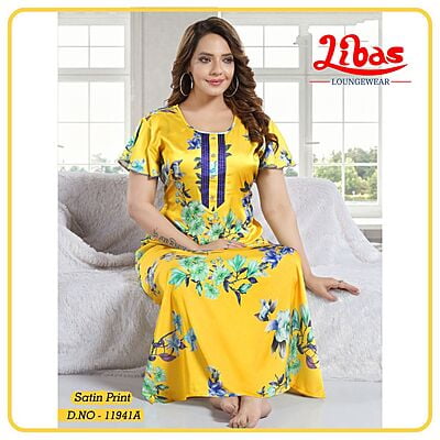Sunglow Premium Satin Nighty With Floral Print & Puff Sleeves Pattern From Libas Loungewear - ST079