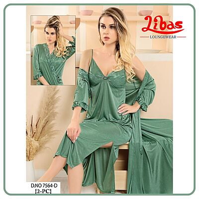 Plain Sage Green Satin Two Piece Fancy Nighty From Libas Loungewear - FCN170