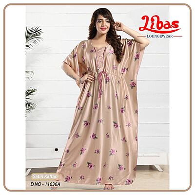 Rodeo Dust Armani Satin Kaftan Nighty With Floral Design All Over From Libas Loungewear - KF353