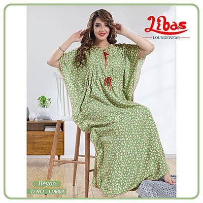 Pist Green Premium Rayon Kaftan Nighty With Tiny Floral Print All Over From Libas Loungewear - KF364