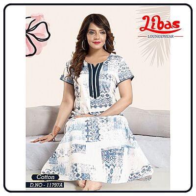 White & Blue Premium Cotton Nighty With Geometric Design All Over From Libas Loungewear - AL889