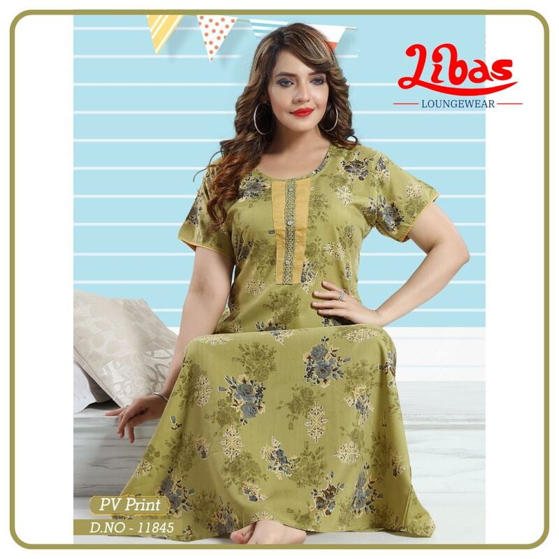 Husk Green Bizi Lizi Print Nighty With Floral Design All Over From Libas Loungewear - PS508