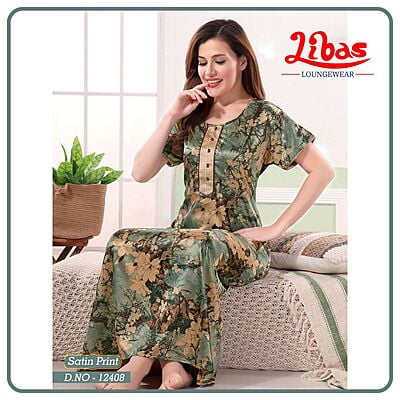 Feldgrau Premium Satin Nighty With Floral Print All Over From Libas Loungewear - ST093