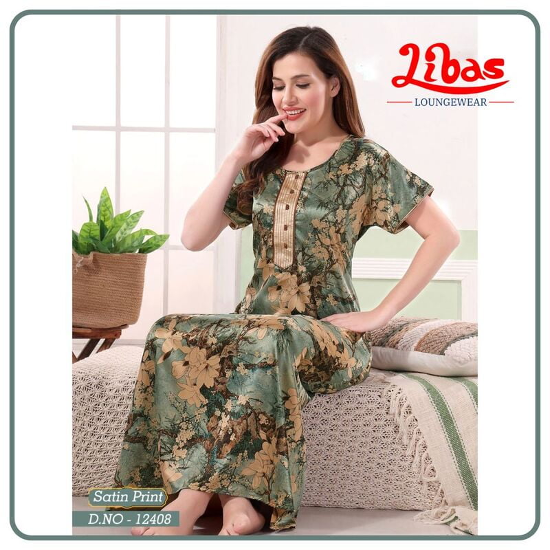 Feldgrau Premium Satin Nighty With Floral Print All Over From Libas Loungewear - ST093