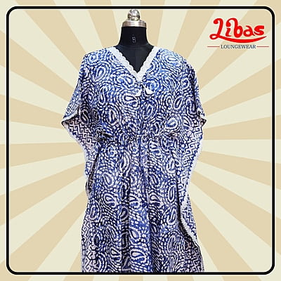 Pastel Whitish Blue Cotton Kaftan Nighty With Floral Design From Libas Loungewear - KF385