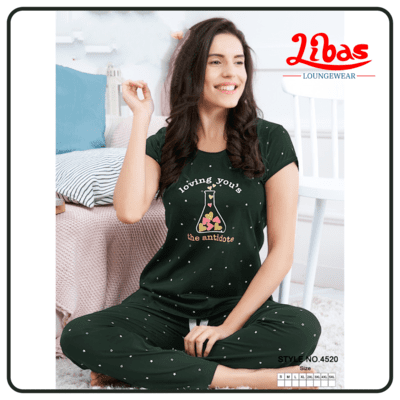 Holly Dark Green Printed Top & Bottom Hosiery Cotton Women Night Suit From Libas Loungewear - FPS099