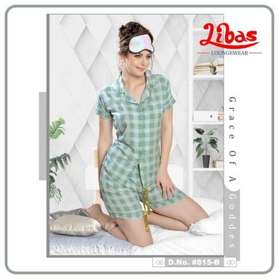Summer Green Rayon Women Shorts Set With Checks Print & Button Closure By Libas Loungewear - SPS010