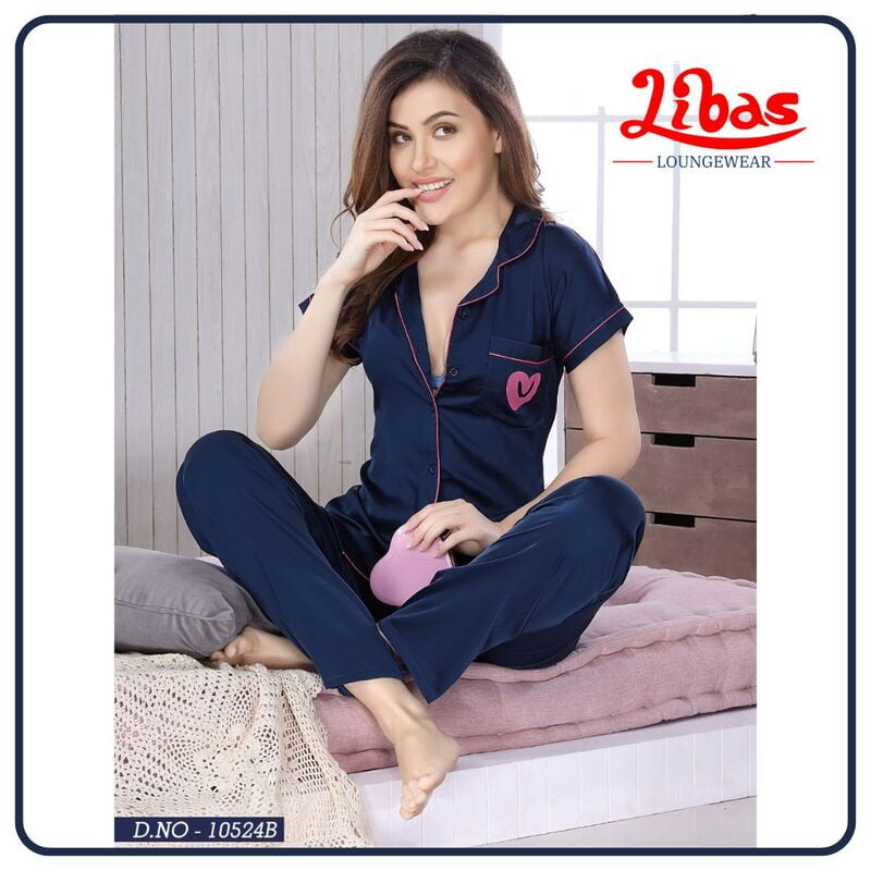 Plain Midnight Blue Armani Satin Women Night Suit With Collar Style From Libas Loungewear - FPS123