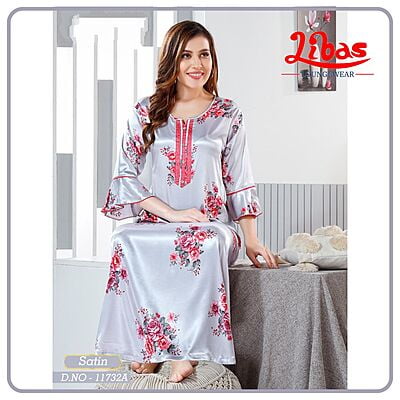Grey Premium Satin Nighty With Floral Print & Long Sleeves Pattern From Libas Loungewear - ST081