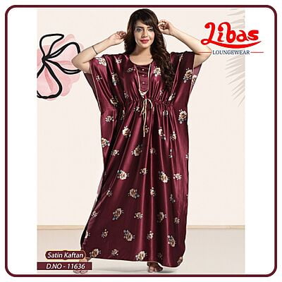 Camelot Maroon Armani Satin Kaftan Nighty With Floral Design All Over From Libas Loungewear - KF352