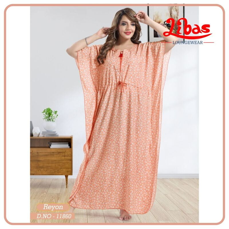 Set orange Premium Rayon Kaftan Nighty With Tiny Floral Print All Over From Libas Loungewear - KF363