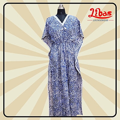 Pastel Whitish Blue Cotton Kaftan Nighty With Floral Design From Libas Loungewear - KF385 Pastel Whitish Blue Cotton Kaftan Nighty With Floral Design From Libas Loungewear - KF385