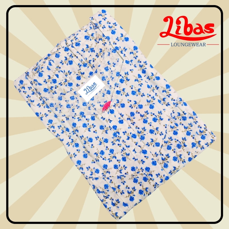 Whitish And Blue Soft Cotton Nighty With Floral Design All Over From Libas Loungewear - PS513 Whitish And Blue Soft Cotton Nighty With Floral Design All Over From Libas Loungewear - PS513
