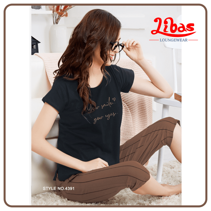 Dark Navy With Brown Top & Bottom Hosiery Cotton Capri Night Suit From Libas Loungewear - CPS032