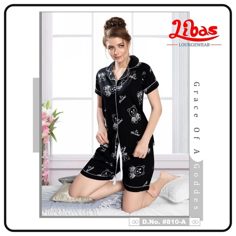 Black Rayon Women Shorts Sets With Teddy Print & Button Closure By Libas Loungewear - SPS009 Black Rayon Women Shorts Sets With Teddy Print & Button Closure By Libas Loungewear - SPS009