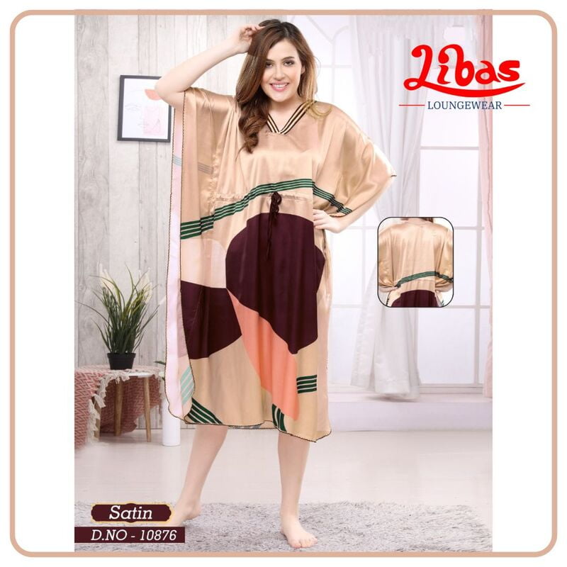 Gold Premium Satin Midi Kaftan Dress With Geometric Print All Over From Libas Loungewear - KF328