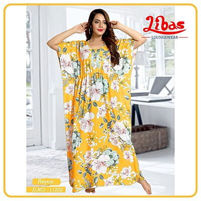 Saffron Premium Rayon Kaftan Nighty With Floral Print All Over From Libas Loungewear - KF331