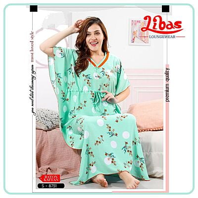 Water Leaf Premium Rayon Kaftan Nighty With Tiny Floral Print All Over From Libas Loungewear - KF343