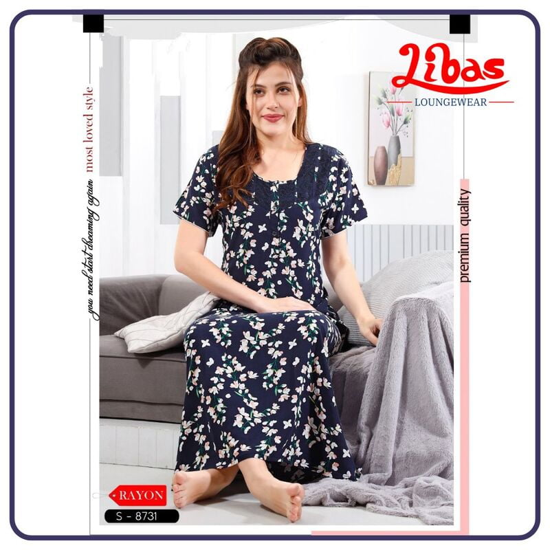 Dark Navy Blue Premium Rayon Nighty With Tiny Floral Design All Over From Libas Loungewear - AL850 Dark Navy Blue Premium Rayon Nighty With Tiny Floral Design All Over From Libas Loungewear - AL850