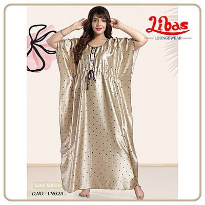 Blanc Grey Armani Satin Kaftan Nighty With Polka Design All Over From Libas Loungewear - KF351