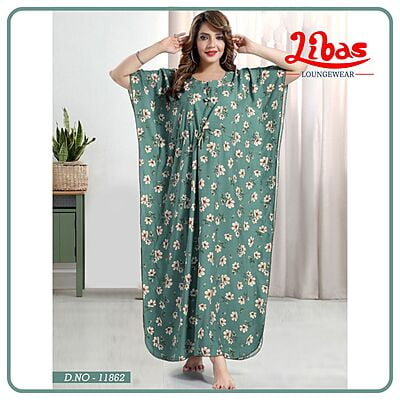 Patina Green Premium Rayon Kaftan Nighty With Floral Design All Over From Libas Loungewear - KF360