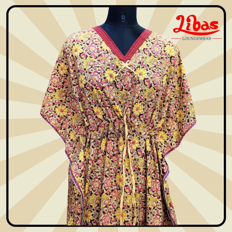 Maroon Cotton Kaftan Nighty With Floral Design From Libas Loungewear - KF386 Maroon Cotton Kaftan Nighty With Floral Design From Libas Loungewear - KF386