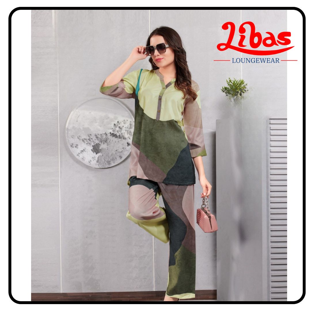 Olive Grove Geometric Top & Bottom Hosiery Cotton Women Night Suit From Libas Loungewear- FPS155