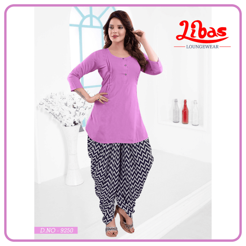 Orchid And Black Premium Rayon Classic Patiala Lounge Sets From Libas Loungewear - PT013 Orchid And Black Premium Rayon Classic Patiala Lounge Sets From Libas Loungewear - PT013