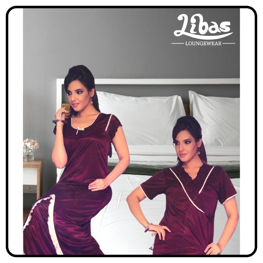 Dark pinkish maroon satin two piece fancy nighty with net & lace work from libas loungewear-FCN049