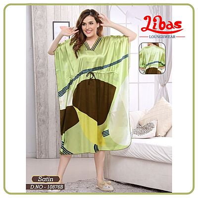 Grass Green Premium Satin Midi Kaftan Dress With Geometric Print From Libas Loungewear - KF329