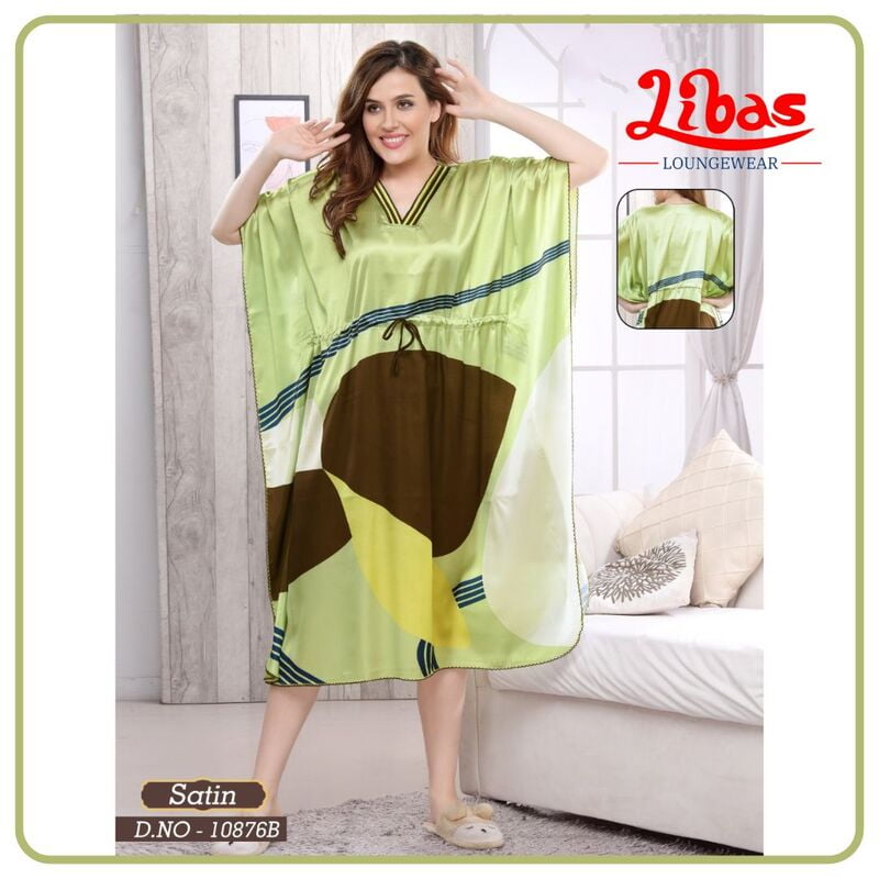 Grass Green Premium Satin Midi Kaftan Dress With Geometric Print From Libas Loungewear - KF329 Grass Green Premium Satin Midi Kaftan Dress With Geometric Print From Libas Loungewear - KF329
