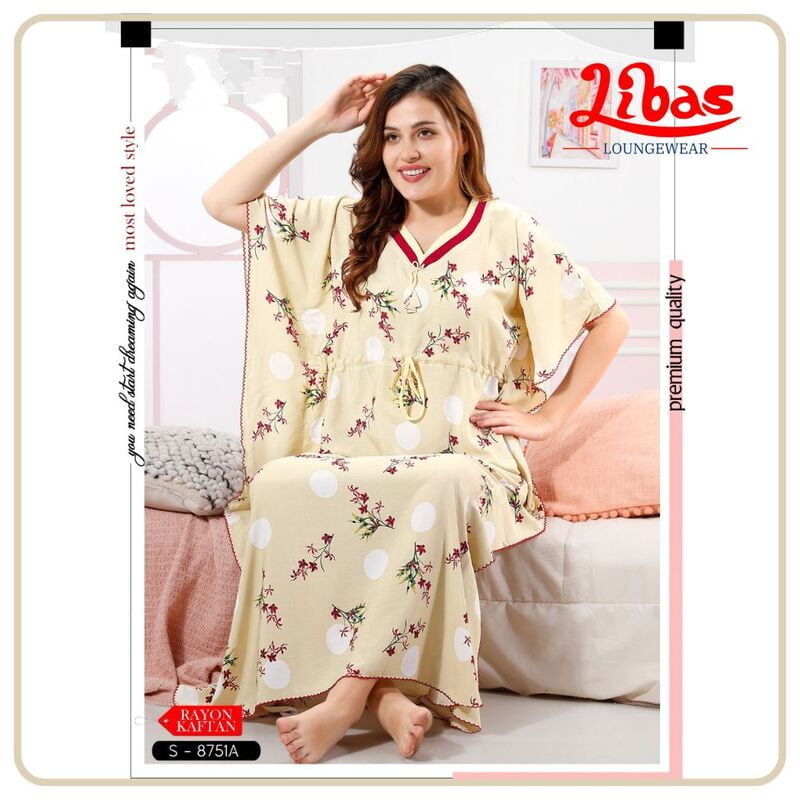 Gin Fizz Premium Rayon Kaftan Nighty With Tiny Floral Design All Over From Libas Loungewear - KF344 Gin Fizz Premium Rayon Kaftan Nighty With Tiny Floral Design All Over From Libas Loungewear - KF344