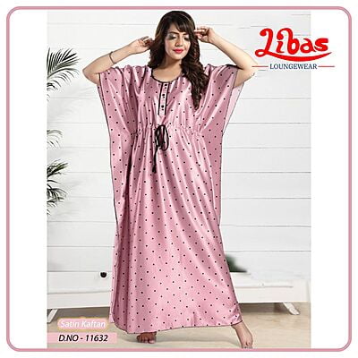 Blossom Pink Armani Satin Kaftan Nighty With Polka Design All Over From Libas Loungewear - KF350