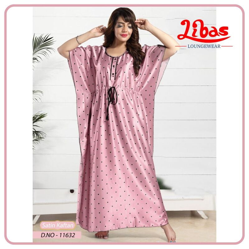 Blossom Pink Armani Satin Kaftan Nighty With Polka Design All Over From Libas Loungewear - KF350