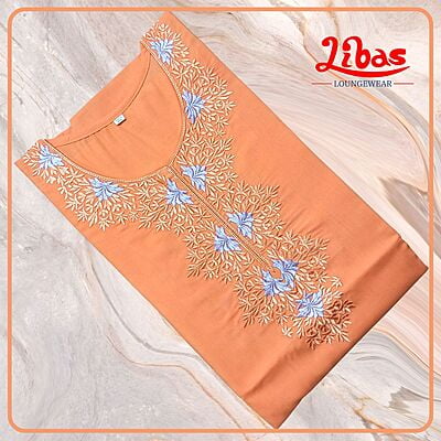 Atomic Tangerine Bizi Lizi Plain Embroidery Nighty From Libas Loungewear - EN149