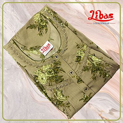 Olive Green Premium Crep Pleated Nighty With Front Button Closure From Libas Loungewear - PLT256
