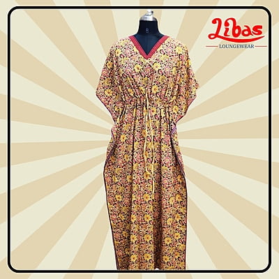Maroon Cotton Kaftan Nighty With Floral Design From Libas Loungewear - KF386 Maroon Cotton Kaftan Nighty With Floral Design From Libas Loungewear - KF386