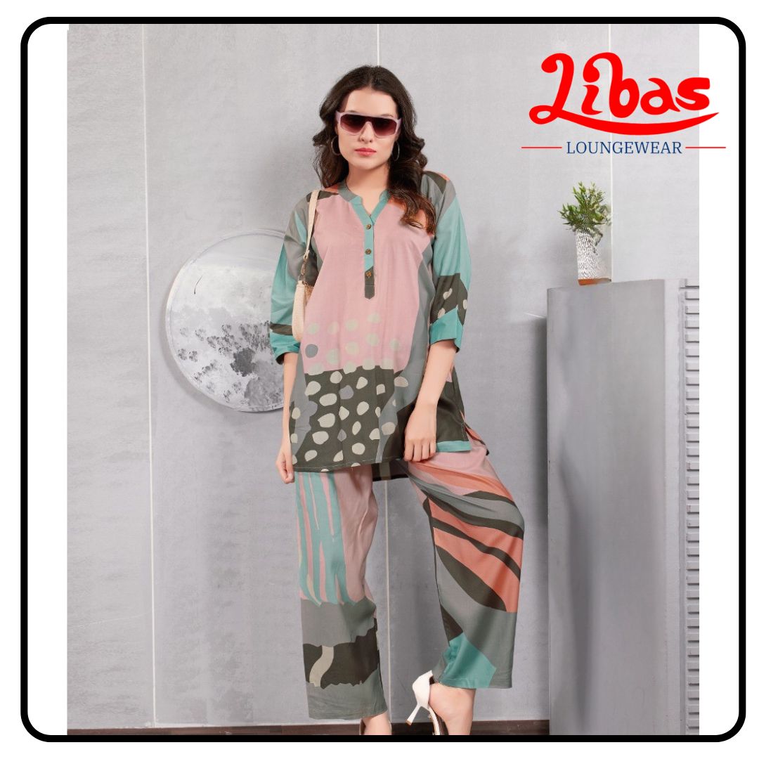 Peachy Blush Abstract Geometric Top & Bottom Hosiery Cotton Night Suit From Libas Loungewear-FPS156