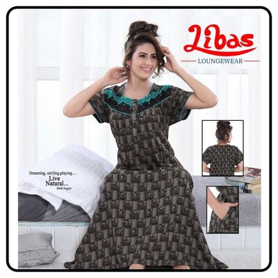 Grey & black alphine pleated nighty in floral print & net work with button closure by libas-PLT044