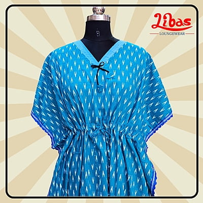 Sea Blue Cotton Kaftan Nighty With Floral Design From Libas Loungewear - KF384