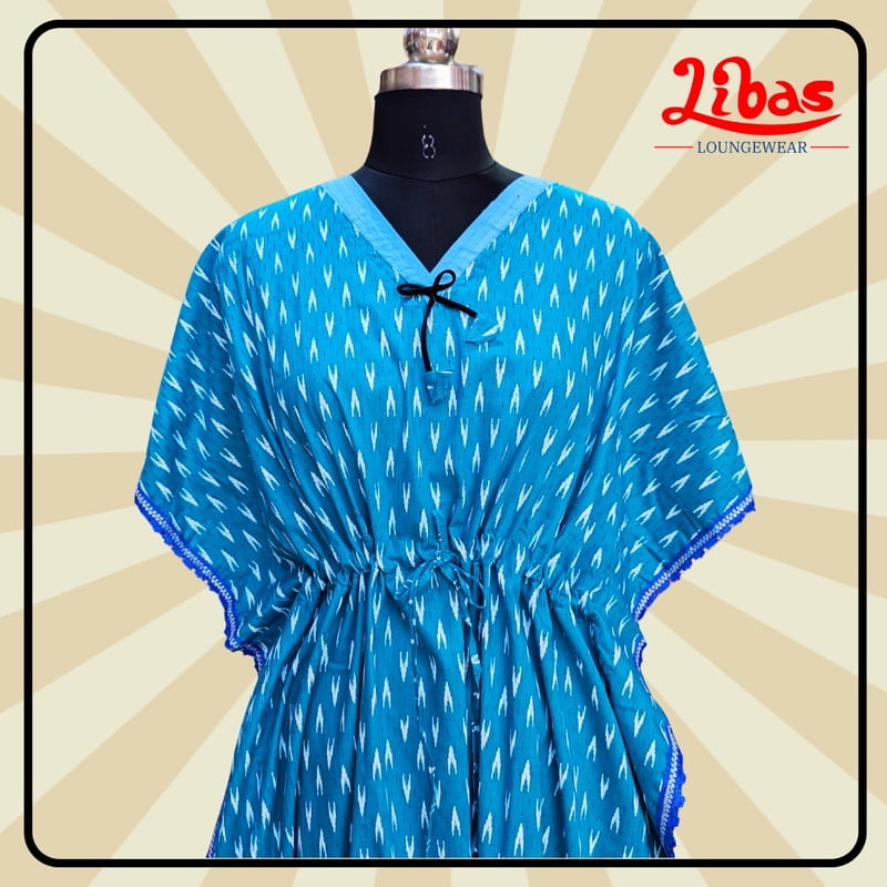 Sea Blue Cotton Kaftan Nighty With Floral Design From Libas Loungewear - KF384 Sea Blue Cotton Kaftan Nighty With Floral Design From Libas Loungewear - KF384
