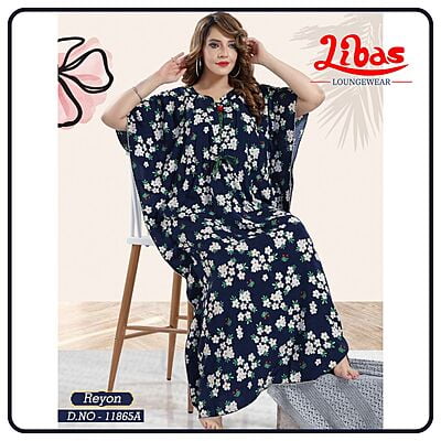 Navy Blue Premium Rayon Kaftan Nighty With Tiny Floral Print All Over From Libas Loungewear - KF359