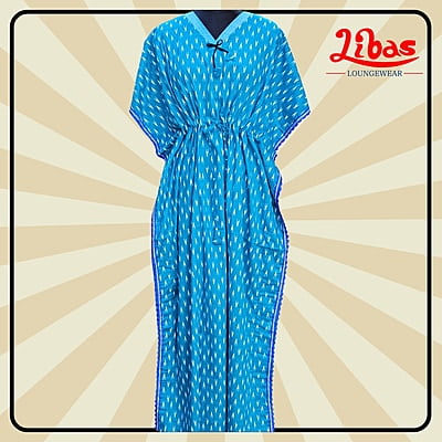 Sea Blue Cotton Kaftan Nighty With Floral Design From Libas Loungewear - KF384 Sea Blue Cotton Kaftan Nighty With Floral Design From Libas Loungewear - KF384