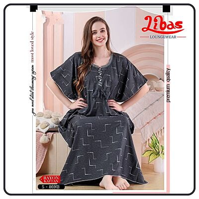 Bright Grey Premium Rayon Kaftan Nighty With Block Print All Over From Libas Loungewear - KF347