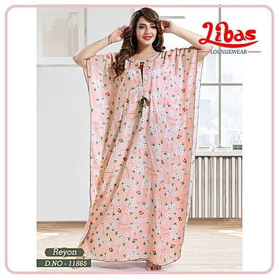 Baby Pink Premium Rayon Kaftan Nighty With Tiny Floral Print All Over From Libas Loungewear - KF358