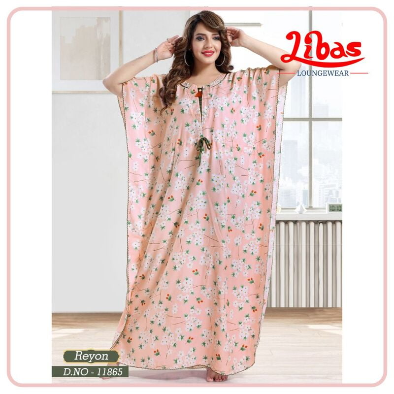 Baby Pink Premium Rayon Kaftan Nighty With Tiny Floral Print All Over From Libas Loungewear - KF358