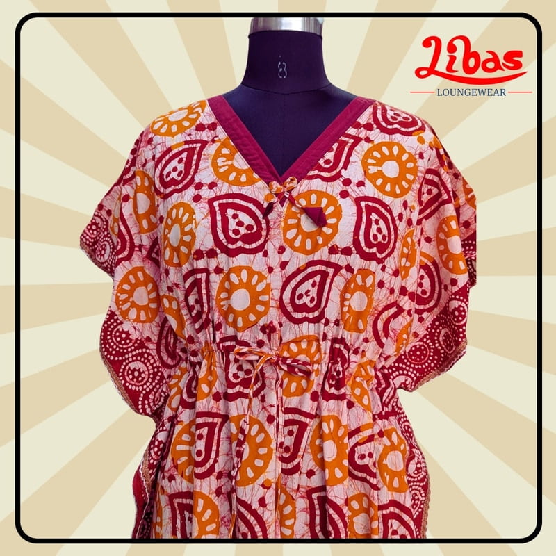 Redish Orange Cotton Kaftan Nighty With Floral Design From Libas Loungewear - KF382 Redish Orange Cotton Kaftan Nighty With Floral Design From Libas Loungewear - KF382