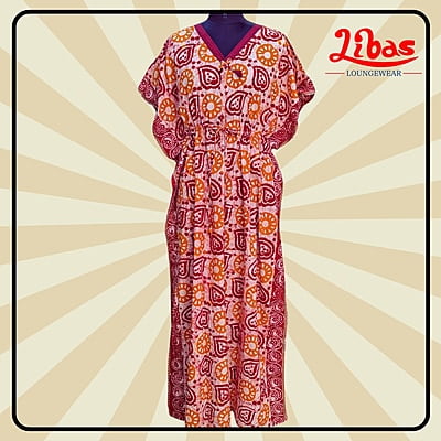 Redish Orange Cotton Kaftan Nighty With Floral Design From Libas Loungewear - KF382 Redish Orange Cotton Kaftan Nighty With Floral Design From Libas Loungewear - KF382