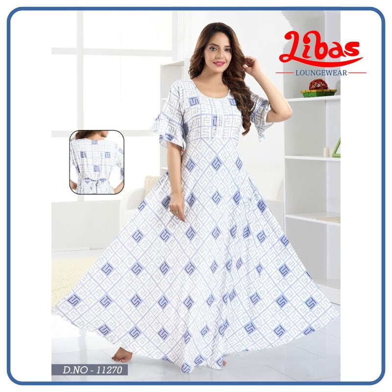 Blue & White Premium Rayon Anarkali Gown With Block Print All Over From Libas Loungewear - AN057